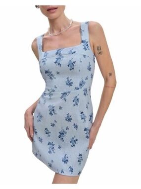 Reformation Light Blue Floral Square-Neck Mini Dress